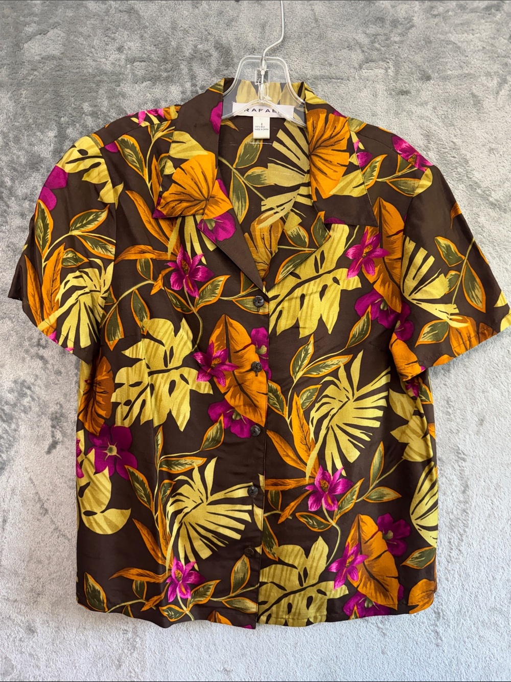 Rafael SilkTropical Floral Short-Sleeve Button Shirt sz 8 Brown, Yellow, Magenta